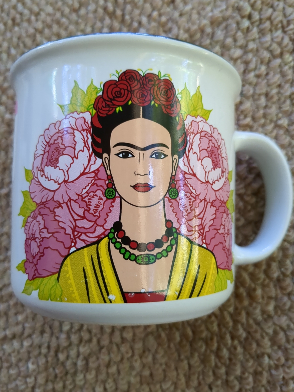 White Ceramic Floral Artist Portrait Mug with Pink Roses